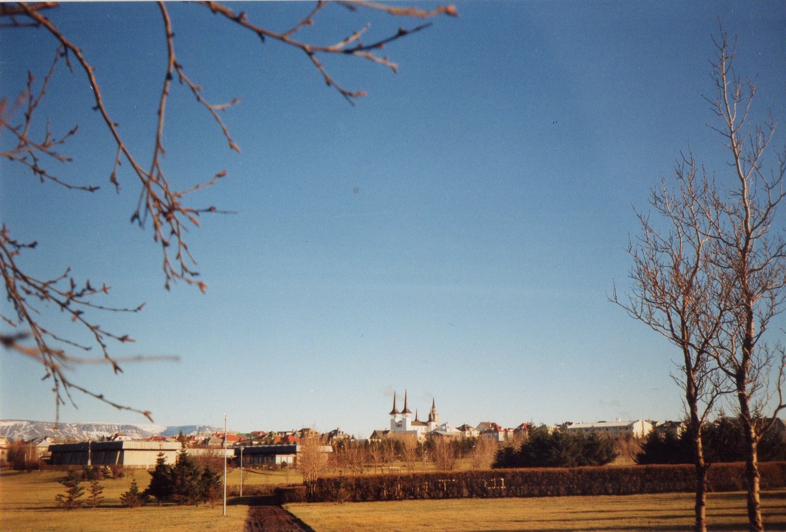 Klambratún park with trees and Háteigskirkja in the distance